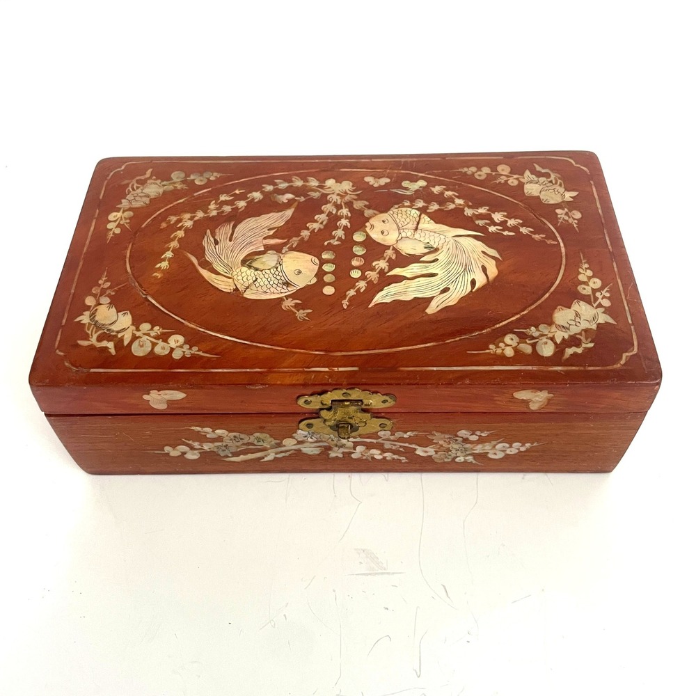 Vintage Asian Mother of Pearl Inlay Wooden Jewelry Box Koi Fish Floral Trinket